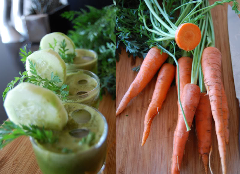 Green Juice Recipe with Carrot, Cucumber,  Tomato, Spinach, Dill and Jalapeño