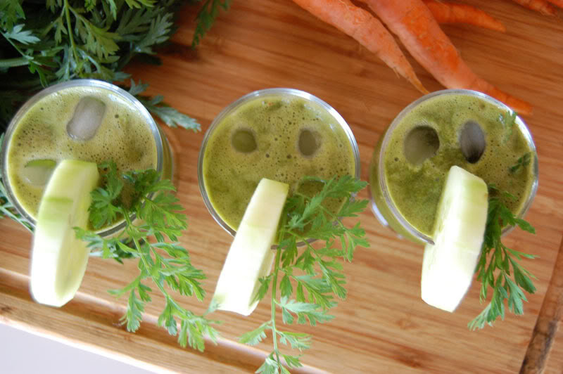 Green Juice Recipe with Carrot, Cucumber,  Tomato, Spinach, Dill and Jalapeño