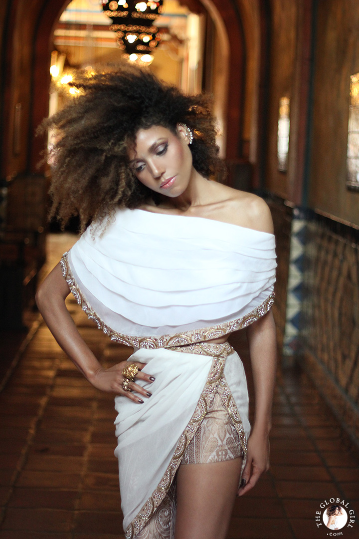 Ndoema wears a white and gold three-piece silk ensemble by Sheena Trivedi in this Moroccan inspired fashion editorial lensed by Phillip James.