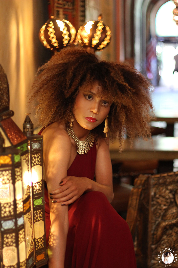 The Global Girl Fashion Editorials: Ndoema sports a one-shoulder draped maxi dress with Vintage gold choker, cuff and earrings set.