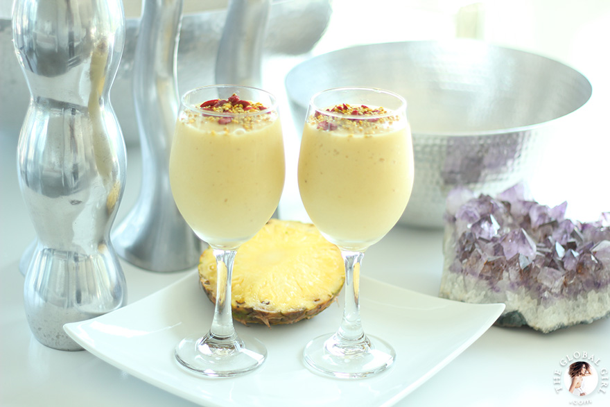 The Global Girl Raw Vegan Recipes: This creamy tropical smoothie is not only pretty, it’s loaded with beautifying goodies and it’s the perfect summer thirst-quencher.