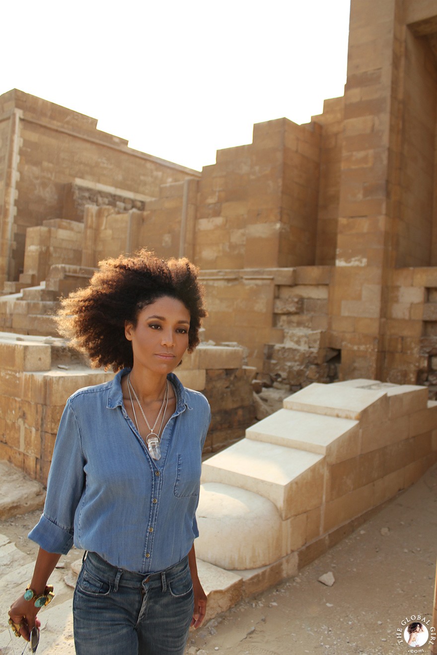 The Global Girl Travels: Ndoema sports an all denim look on a visit to Saqqara, Egypt.